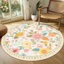 Floral 4ft Area Rug Machine Washable Soft Print Boho Carpet Non Slip Doormat Low Pile Flower Area Rugs for Living Room Bedroom Nursery Kitchen Dining Room Indoor-Beige/White/Orange
