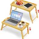 Large Breakfast Bed Tray for Eating - Height Adjustable Raised Food Table - Bamboo Serving Tray on Lap Sofa - Portable Snack Platter with Folding Legs Ideal for Bedroom Picnic - Natural Lar