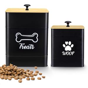 Dualshine Dog Treat Container Airtight Set of 2, Dog Treat Jars for Kitchen Countertop with Bamboo Lids, 30 Cups Capacity Metal Pet Food Storage Containers, 9x6.2 & 6.5x5.5(Black)