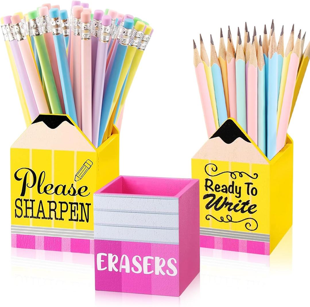 Wooden Pencil Holder for Teach Must Haves Classroom Essentials, Pencil Dispenser for Classroom Must Haves Organization, 3-Piece Dull And Sharp Pencil Parking Eraser Buckets(Classic)