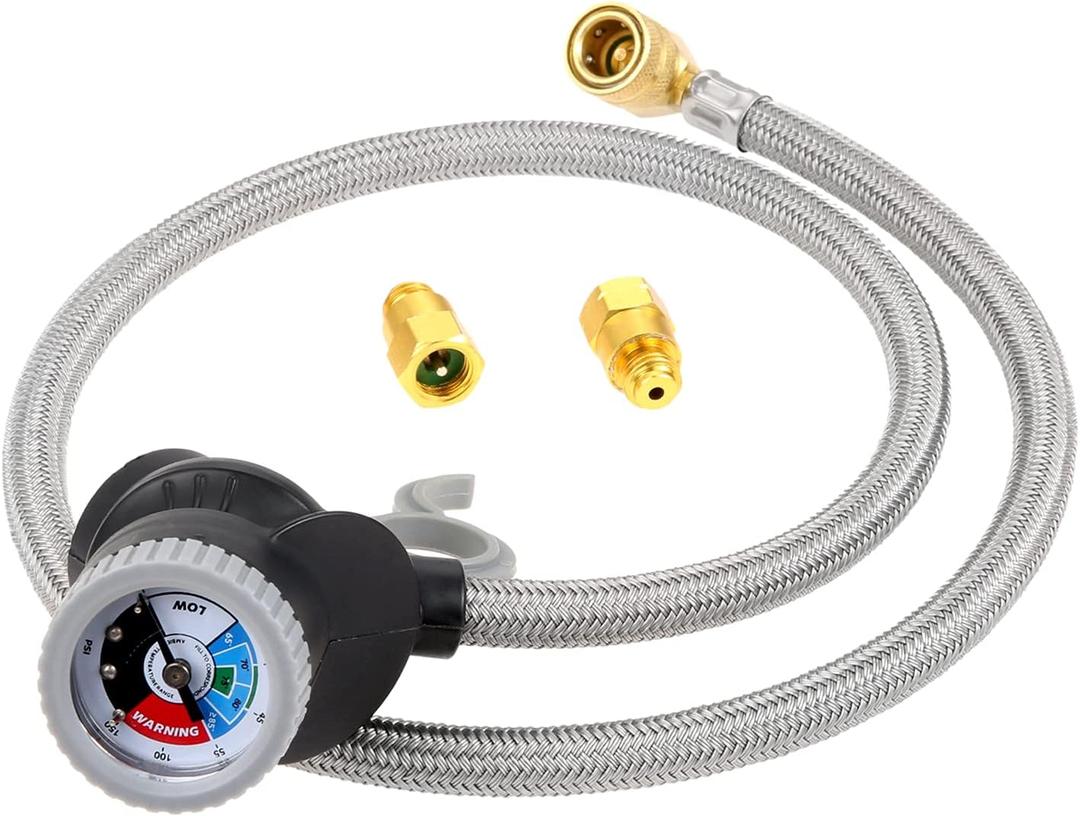 R134A Refrigerant Recharge Hose Kit with Pressure Gauge, 1/2" R134a Low Side Coupler, ACME-SS and LH -SS Adapters