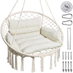 Greenstell Hammock Chair, Macrame Swing Chair with Comfy Cushion, Boho Hanging Chair for Outdoor & Indoor, Perfect for Bedroom, Patio, Balcony, Hold up to 350Lbs, Beige (Larger Size (32.7 x 35.4 x 50.4 inch))