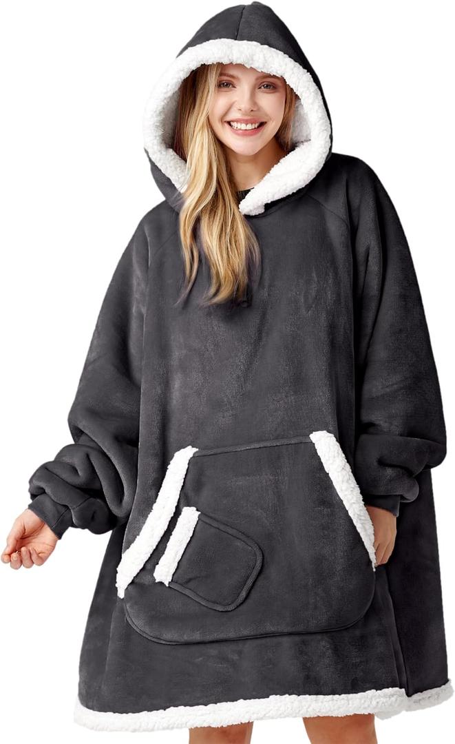 Giggling Getup Wearable Blanket Hoodie for Women Men - Oversized Flannel Sherpa Fleece Hooded Blanket - Soft Cozy Warm Blanket Sweatshirt Gifts with Giant Pocket and Sleeves for Adult Dark Gray