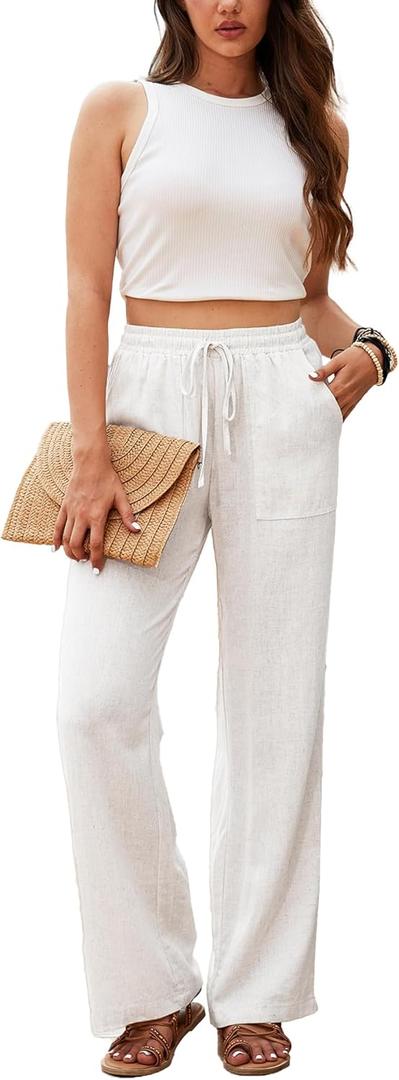 Beautiful Nomad Women's Linen Pants High Waisted Straight Pant Casual Flowy Wide Leg Drawstring Trousers with Pockets (White) S