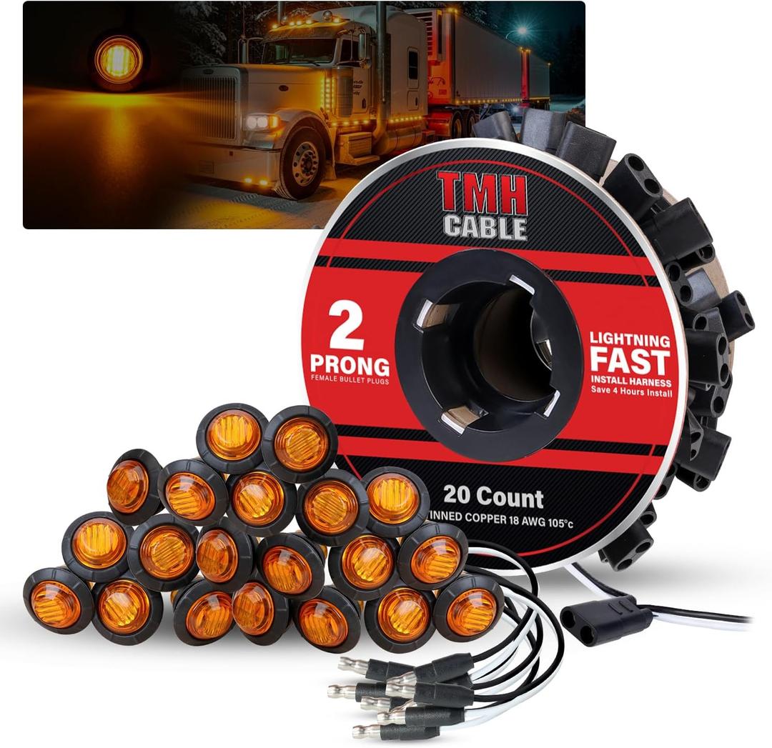 TMH 20 Pcs 3/4 Inch Side Marker Amber Lights with Connector Plug + 2 Pin Continuous Wire Harness Roll, Mix Pack for Plug and Play Hassle-Free Installation for Truck Trailer RV Pickup