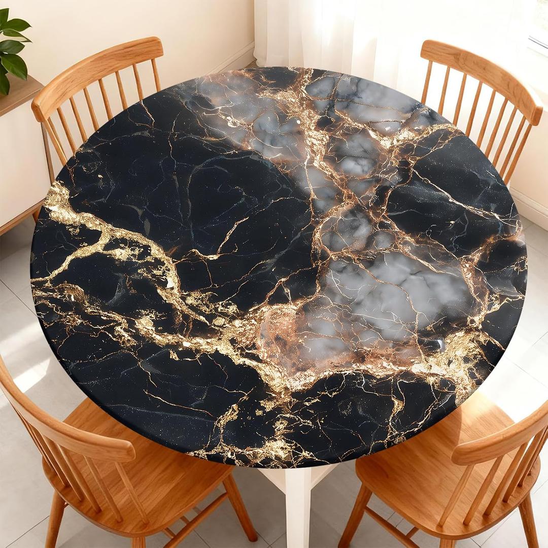Round Fitted Tablecloth with Elastic Edge Design Table Cover Waterproof Stain-Resistant Wipeable Table Cloth Fits 49"-52" Round Tables for Camping, Picnic, Dining, Outdoor