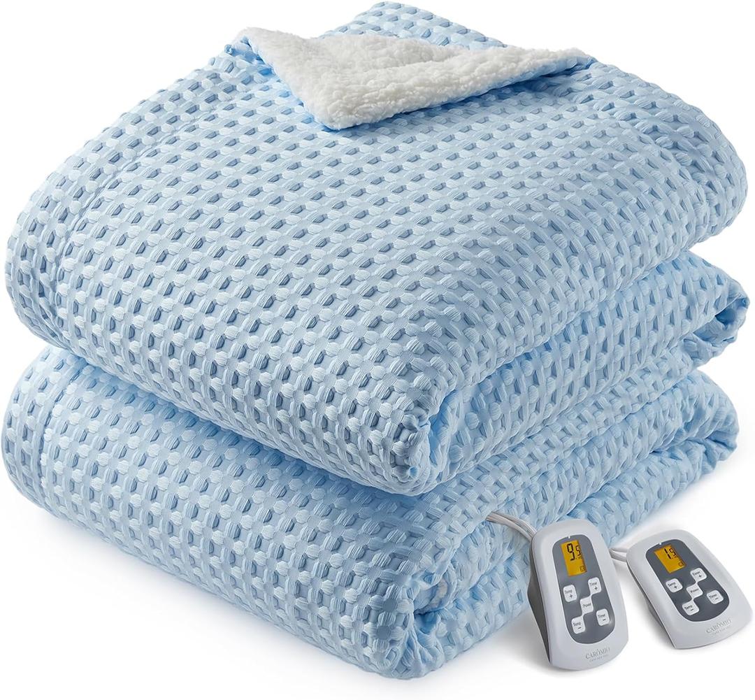 CAROMIO Heated Blanket King Size with LCD Dual Controller, Waffle Weave Fast Heating Electric Blankets, 10 Heat Levels & 1-12H Time Settings, ETL Certified, Machine Washable, Light Blue, 100" x 90"