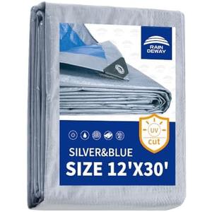 RAINDEWAY Tarp Waterproof 12x30 Feet 5.5 Mil Thick, Multipurpose Waterproof Poly Tarp Cover for Emergency Rain Shelter，Silver/Blue Tarps Finished Size