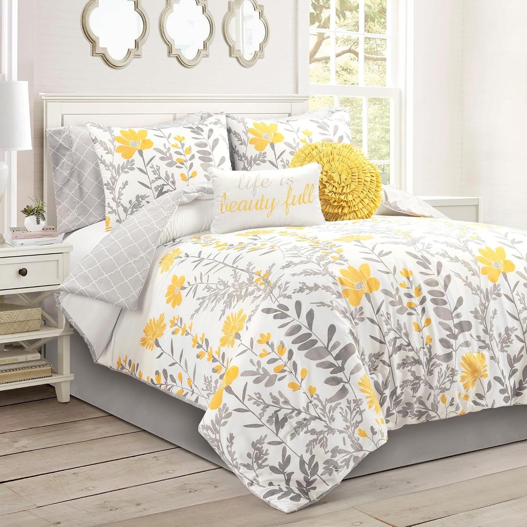 Lush Decor Aprile Soft Reversible Floral Comforter Set, 8 Piece Set, King, Yellow & Gray - Floral Bedding Set - King Sized Comforter - Yellow Bedding - Spring Home Decor - Cottage - Farmhouse