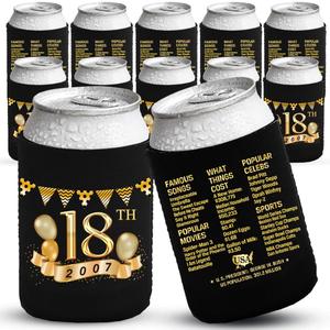 18th Birthday Decorations - Boys & Girls, Party Supplies & Favors, Beverage Can Cooler Sleeves - 12-Pack, Black & Gold