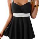 B2prity Women's One Piece Swimdress Swimsuit Tummy Control Swim Dress Slimming Modest Bathing Suit Color Block Swimwear (Large, Black, White)