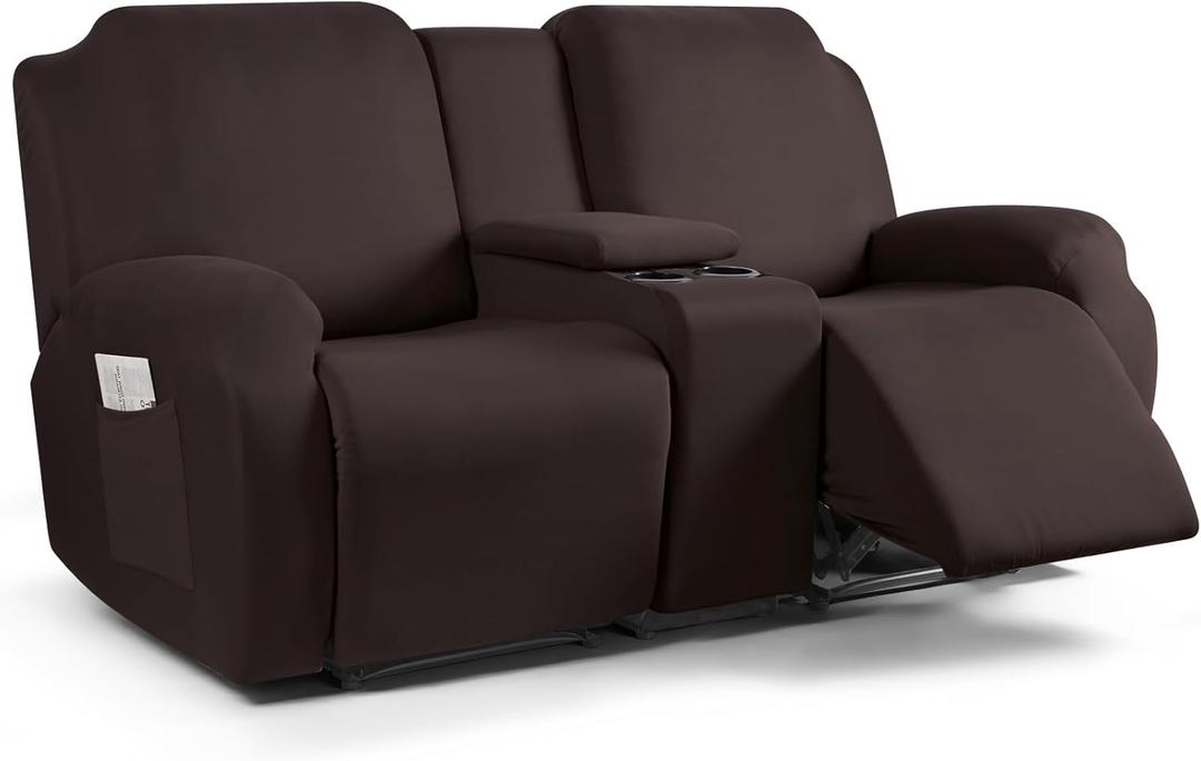 TAOCOCO Reclining Loveseat with Middle Console Slipcover, 4 Piece Polyester Fabric Stretch Loveseat Reclining Sofa Covers (Coffee, 2 Seat Recliner Cover with Console)