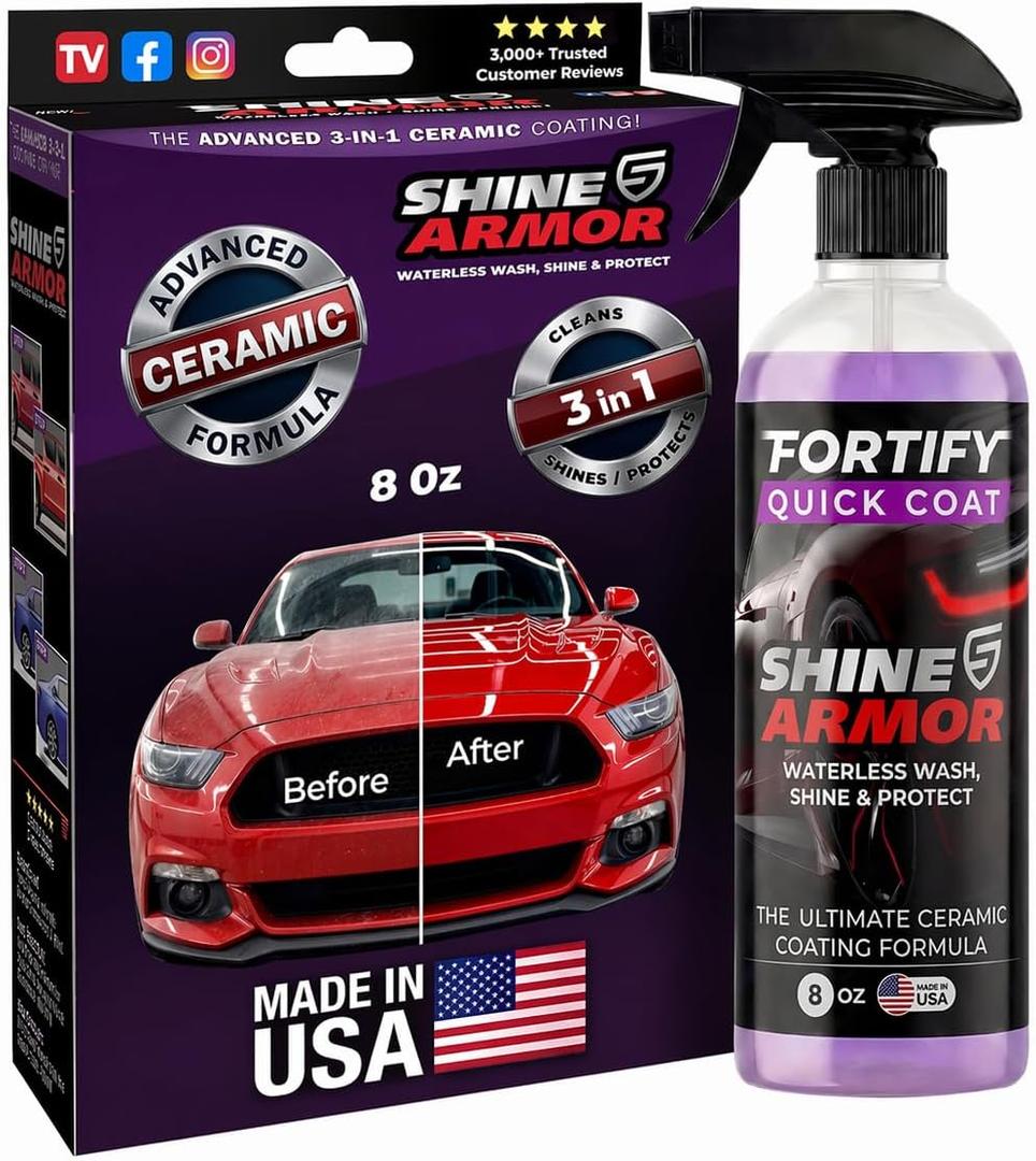 Car Wax Spray and Ceramic Coating for Cars - 3 in 1 Waterless Car Wash and Detailing - Quick Effect Coating Agent for Car - High Gloss Car Coating Spray, Shiny Car Stuff by Shine Armor - 8FlOz