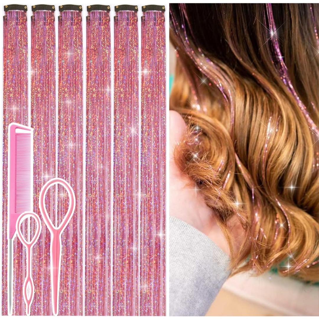 Hair Tinsel Clip in Pink Fairy Hair Tinsel Kit, 12 Pcs 24 Inch Glitter Clip in Hair Extensions for Girls Women Kids Christmas New Year Festival Party (Pink)