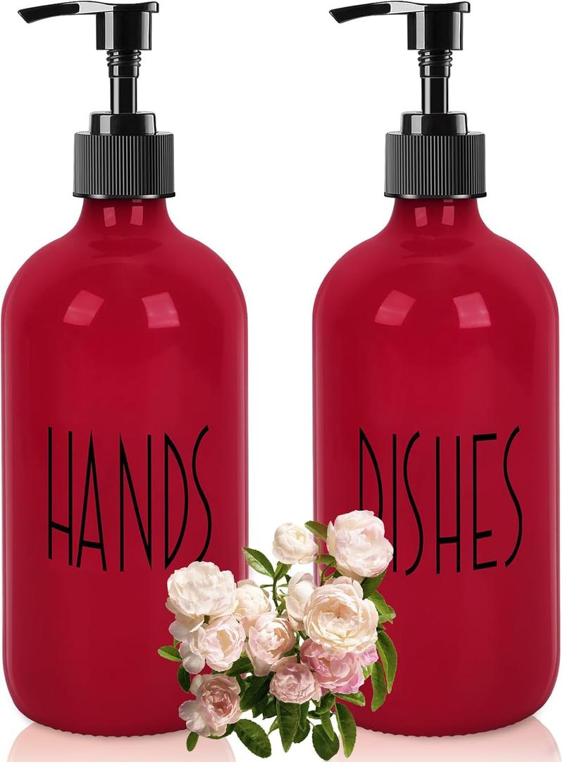 Dish Soap Dispenser for Kitchen - 16 OZ Glass Hand Soap Dispenser Set - Kitchen Bathroom Decor and Accessories (Red)