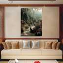 Vintage Rustic Garden Scene with Black Cat and Ivy Clad House Canvas Wall Art Framed Floral Landscape Painting Wall Decor for Country Farmhouse Home Cozy Living Room Bedroom Artwork 16x24 Inches