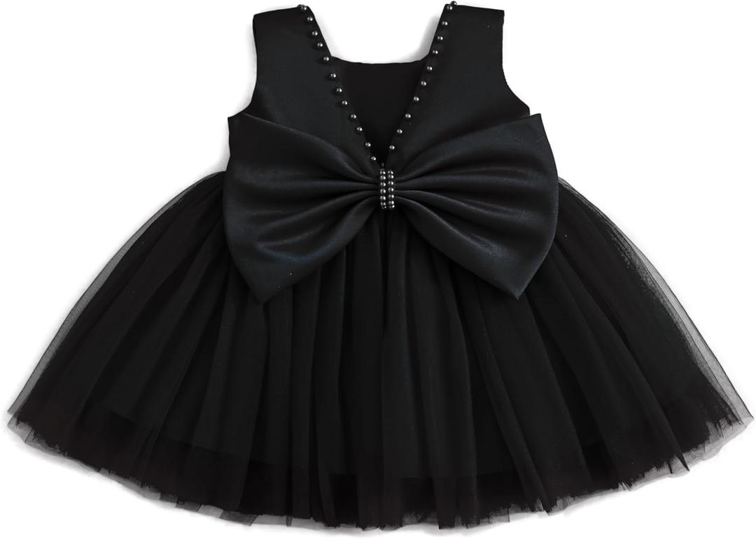 Baby Girls Formal Dress with Large Bowknot Tulle Backless Satin Party Birthday Baby Flower Girl Dresses (Black) 3-6M
