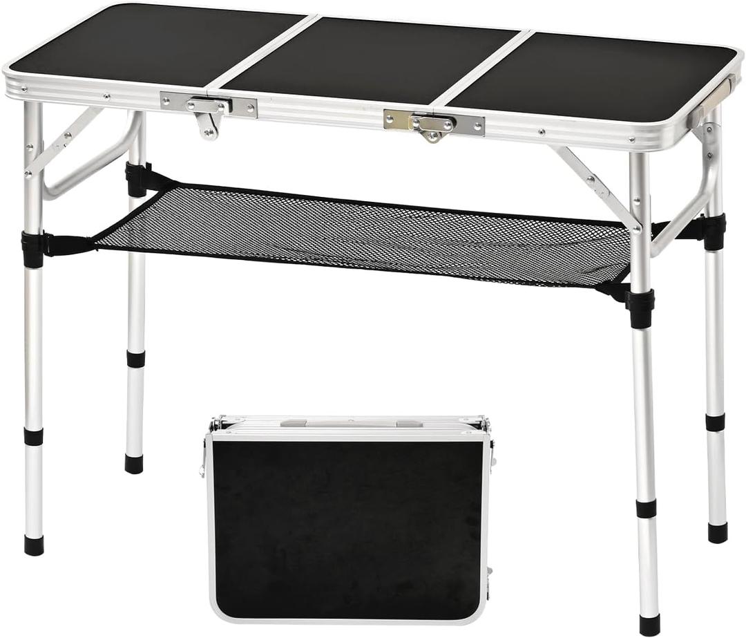 YihuiKo 3 ft Folding Table, Camping Table with Storage Net, Lightweight Portable Aluminum Foldable Table with Adjustable Height Max 27.5 Inch Outdoor Table for Picnic Travel, Black