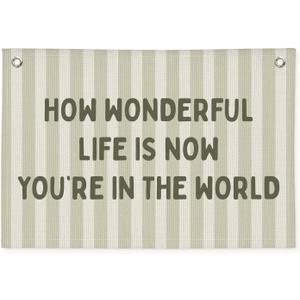 How Wonderful Life is Now Wall Art Decor, Sage Green Baby Room Nursery Linen Canvas Banner Wall Hanging Flag Decor for Toddler Girls Boys Room Playroom
