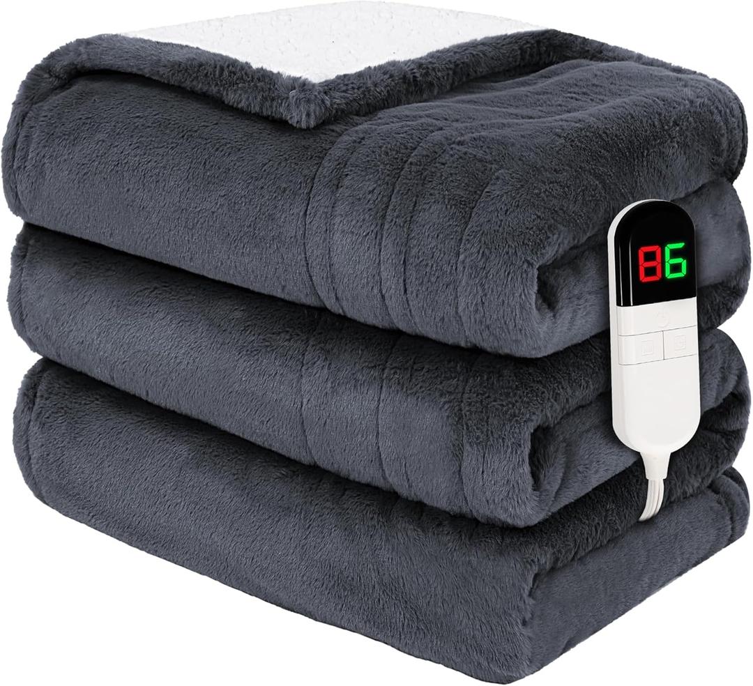Premium Heated Throw Blanket 50"60" - Ultra Cosy Soft Electric Blanket with 8 Heating Levels,Plush Fast Heating Faux Rabbit Fur Blanket for Bed & Couch - Auto Shut Off,Machine Washable(Grey)