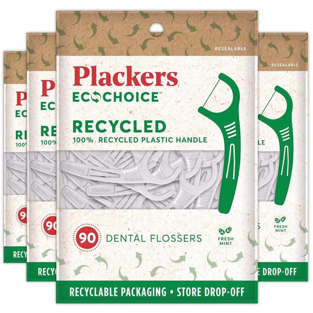 Plackers EcoChoice Fresh Mint Recycled Dental Flossers, Easy Grip Handle, Built in Toothpick, Made with 100% Recycled Food Grade Plastic, 360 Count (Pack of 4)
