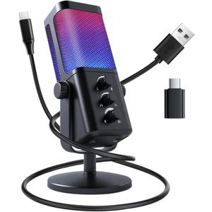 VCOM USB Microphone for PC, RGB Gaming Microphone with Mute Button, Gain Control, Monitoring Headphone 3.5mm Jack, PC Mic for Gaming, Streaming, Podcast, VoiceOver, Recording