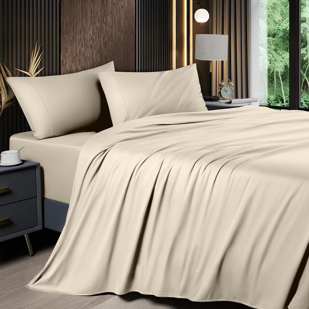 Shilucheng 4 Piece Queen Sheet Sets, Cooling Sheets, Blend Rayon Derived from Bamboo, Deep Pocket Up to 16", Breathable & Soft Bed Sheets, Hotel Silky Bedding Set, Sand
