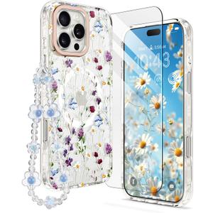 MILPROX Compatible with iPhone 16 Pro Case - with Screen Protector/Strap - Compatible with MagSafe - Cute Flower Floral Pattern with Girls/Women - Magnetic Slim Protective Phone Cover - Garden