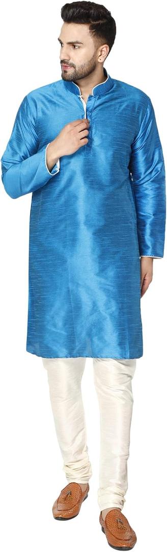 SKAVIJ Men's Art Silk Contrast Kurta Pyjama Set Woven Design 2-Piece Festive Ethnic Dress (Turquoise, Small)