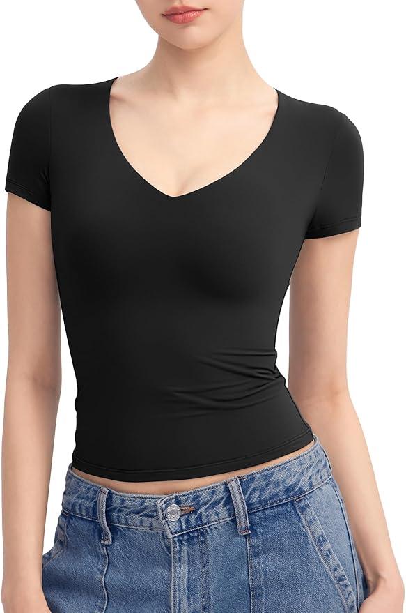 PUMIEY Women's V Neck Short Sleeve T Shirts Slim Fit Going Out Tops Sexy Basic Tee Sharp Collection Size M