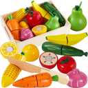Wooden Play Food for Toddlers 2 Year Cutting Fruits Vegetables Toys | Toy Foods Pretend Play Kitchen Accessories Fruits and Veggies for Kids to Cut Montessori Gifts for Boys Girls 18 Months+