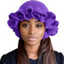 Women Crochet Bucket Hat Cute Winter Ruffled Brim Floppy Cap Handmade Knit Cloche Hats (Purple)