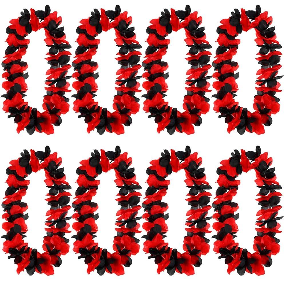 FineCheer 8 Pcs Graduation Hawaiian Leis 2024 Graduation Hawaiian Luau Flower Leis Hawaiian Flower Necklace in Bulk for Graduation Party Supplies Graduates Gift School Accessories (Black and Red)