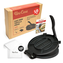 Uno Casa Cast Iron Tortilla Press 10 Inch - Tortilla Maker Press, Pre-Seasoned Roti Maker with 100 Pcs Parchment Paper - Heavy Duty Quesadilla Maker for Homemade Flatbreads, Rotis, Empanadas