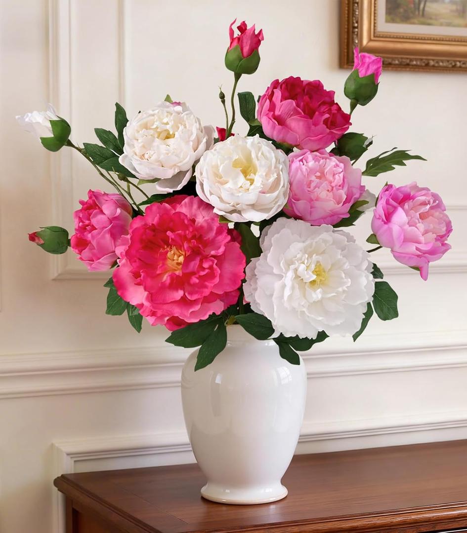 Yastouay 5 Bouquets Peonies Artificial Flowers with 22'' Long Stems, Latex Real Touch Faux Peony Flowers, Fake Peonies Bouquet for Table Centerpiece, Vases Home Wedding Party Decor (Red/White/Fuchsia)