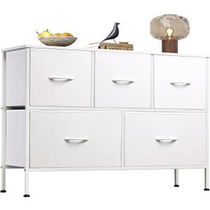 WLIVE White Dresser for Bedroom with 5 Drawers, Chest of Drawers, Fabric Small Dresser with Drawer Organizers, Storage Organizer Unit for Hallway, Entryway, Closets