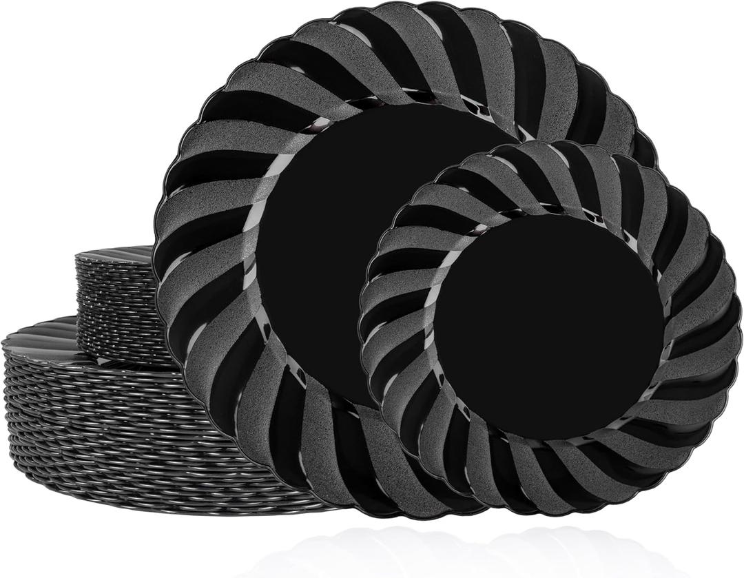U-QE 60 Pcs Black Plastic Plates for Party  Black Plastic Disposable Heavy Duty  Include 30 10.25" Dinner & 30 7.25" Dessert Plate - Perfect for Parties, Weddings