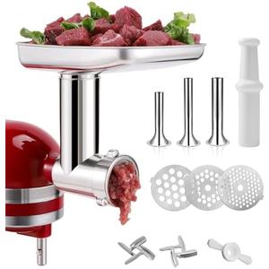 KINGEAGLE Food Grinder Attachment for KitchenAid Mixers,Stainless Steel Dishwasher Safe Meat Mincer Accessories Set Included 3 Sausage Stuffer Tubes
