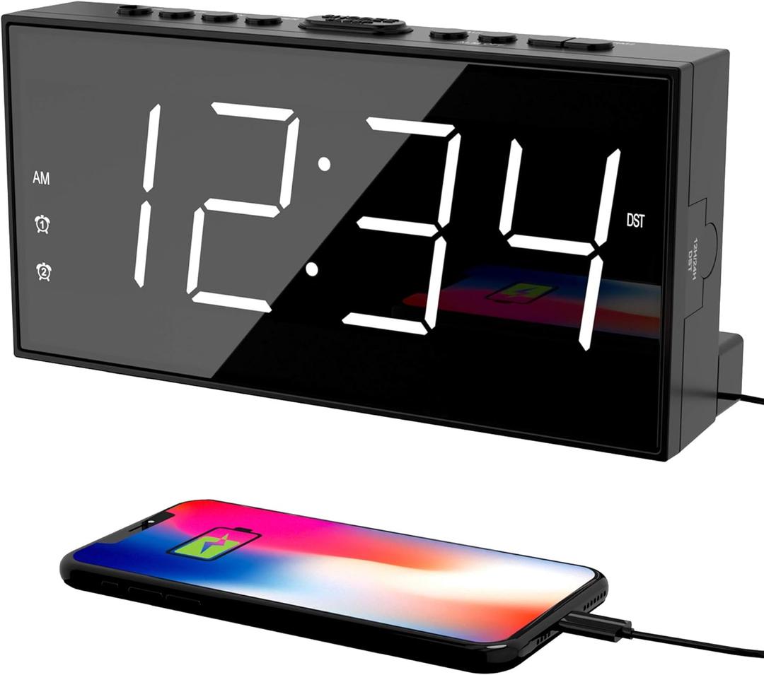 PPLEE Alarm Clock for Bedroom, 2 Alarms Loud LED Big Display Plug in Simple Basic Digital Clock with USB Charging Port, Adjustable Volume, Dimmable, Snooze for Deep Sleepers Kids Elderly Home Office (White)