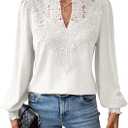 Falechay Womens Tops Swiss Dot Boho Long Sleeve Shirts V Neck Casual Chiffon Blouses Flowy Lace Hem Cute Clothing Trendy 2026 (White, XS)