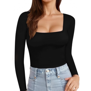 MANGOPOP Womens Square Neck T Shirts Long Sleeve Short Sleeve Tops Fitted Tees S