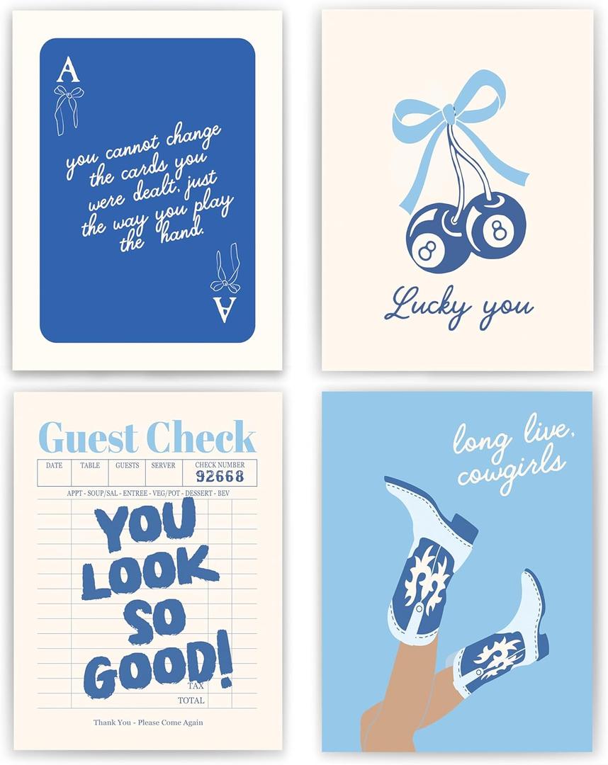 okaxscm Navy Coquette Preppy Cowgirl Wall Art Prints Set of 4, Coastal Cowgirl Decor, Preppy Room Decor Aesthetic, Blue 8 Ball Cherry Bow Wall Decor Posters for Girls Bedroom Dorm, 12x16 Unframed