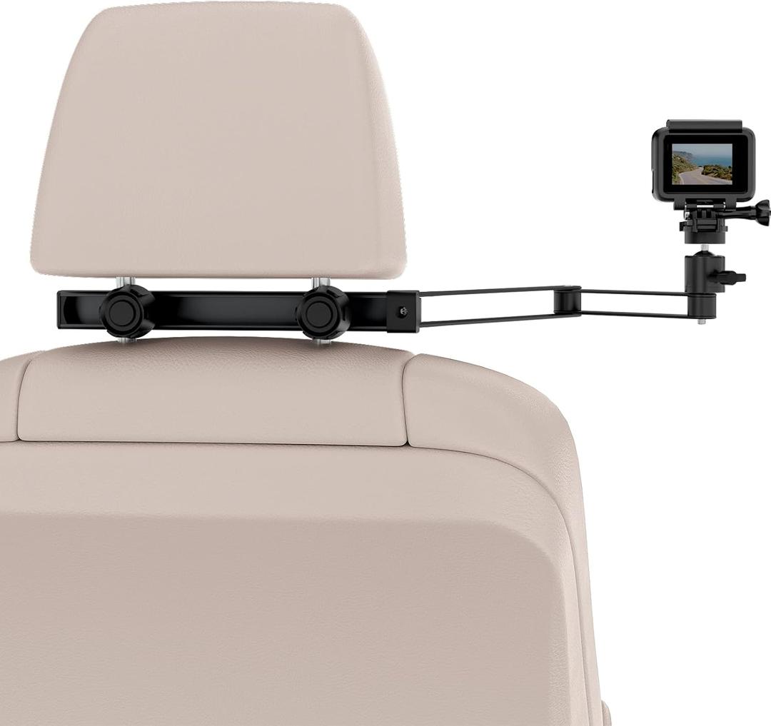 Car Headrest Camera Holder,2-Stage Aluminum Alloy Extension Foldable Arm, Double 1/4"-20 Threaded Screw Compatible with GoPro/Insta 360 / DJI OSMO Pocket3 / Mevo Start/DSLR/iPhone