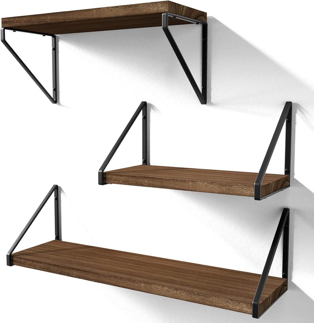 Love-KANKEI Floating Shelves Wall Mounted Set of 3,Rustic Wood Wall Shelves for Storage, Bedroom Living Room Bathroom Kitchen Office and More Light Walnut