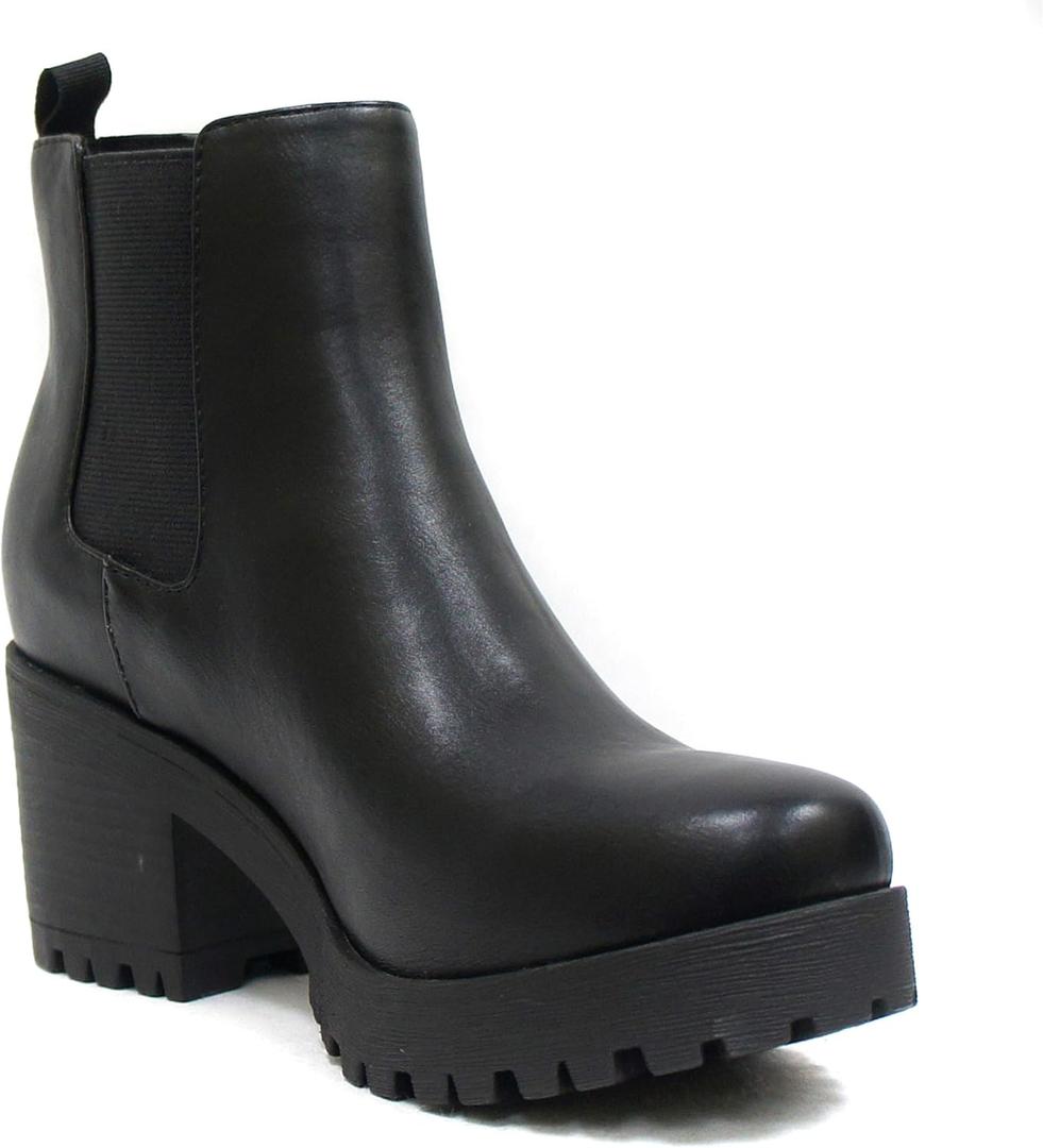 Soda Top Shoes Jaber Ankle Boot W Lug Sole Elastic Gore and Chunky Heel (9, Black Pu)