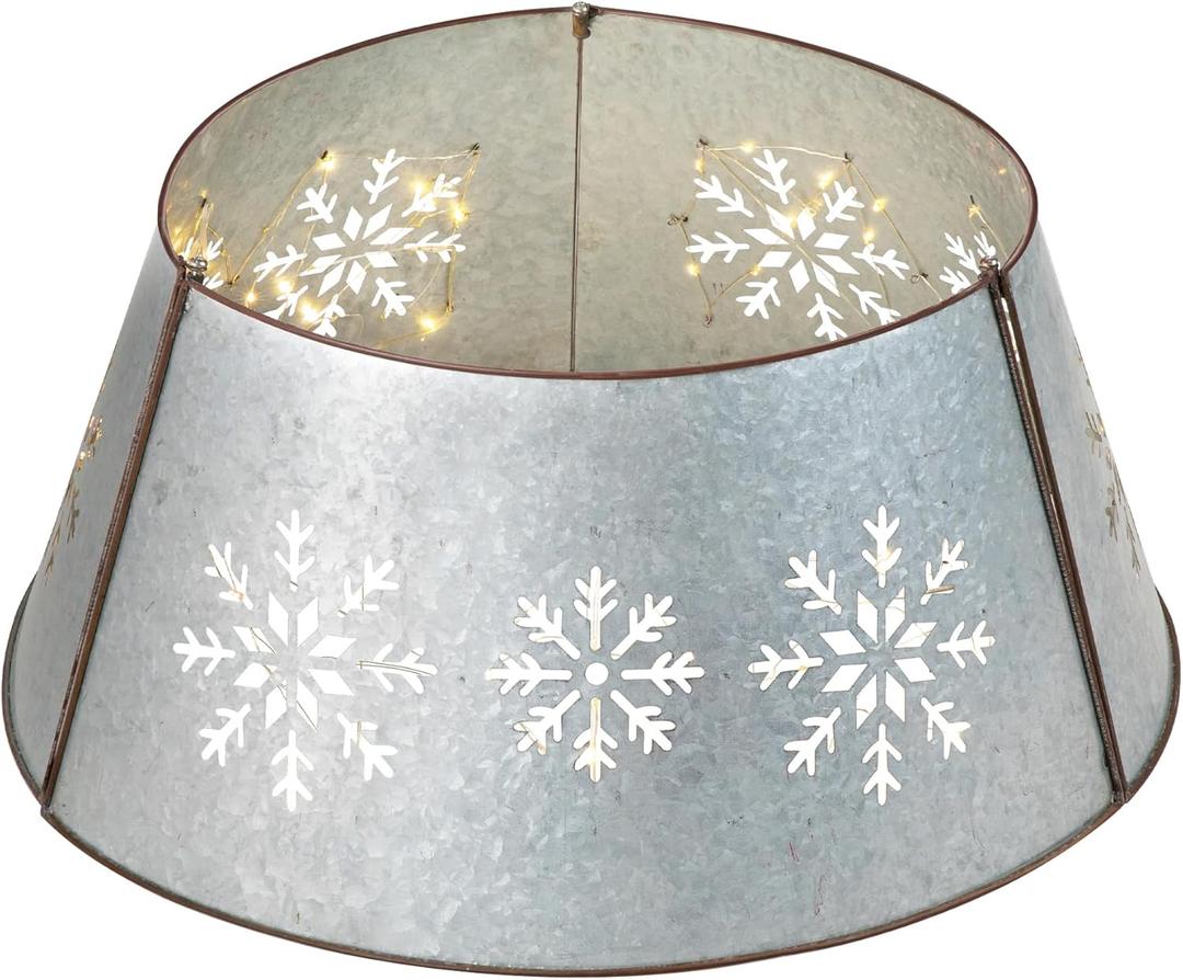 Glitzhome 21.65 Inch Galvanized Christmas Tree Collar with LED String Lights, Metal Rustic Rustic Snowflake Base Cover Holiday Decofor 7.5 Ft Artificial or Real Xmas Trees