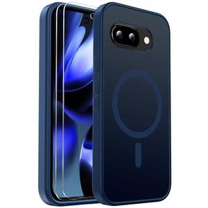 for Google Pixel 9A Case Magnetic Shockproof, [Fit for MagSafe] [Glass Screen Protector] Translucent Anti-Fingerprint Case for Google Pixel 9A (Blue)