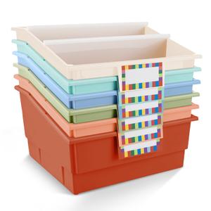 6 Pack Picture Book Bin with Dividers Classroom Library Book Bin Large Plastic Books Holders with Labels for Classroom Library Magazines Storage Organizer 13.5 x 13.5 x 7.75 in(Boho)