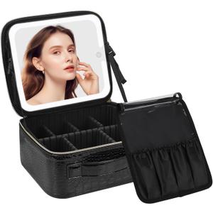 Chomeiu Makeup Bag with LED Mirror, Travel Makeup Case for Women and Makeup Artists Cosmetic Organizer Large Make Up Bags with Light Up Mirror, 3 Color Lights, Adjustable Dividers, Crocodile Pattern