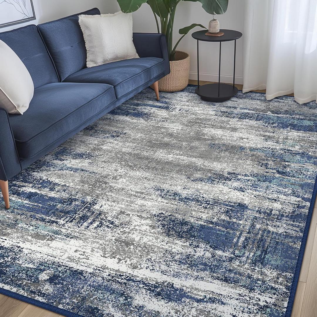 Bavni 8x10 Area Rugs, Abstract Modern Living Room Rugs, Large Machine Washable Rug Non-Slip, Soft Pet Friendly Rugs for Bedroom, Playroom, Dining Room, Indoor, Blue/Ivory